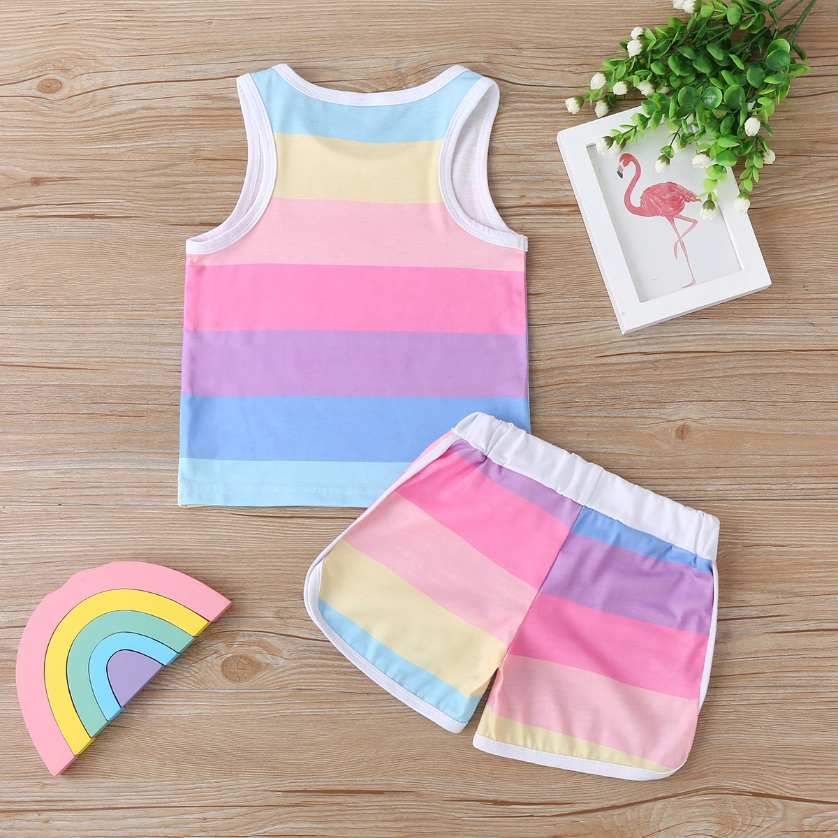 

2021 New Summer 18M-6Y Baby Girl Rainbow Color 2Pcs Set Sleeveless Striped Vest+Shorts Toddler Kid Children Outfit Clothes