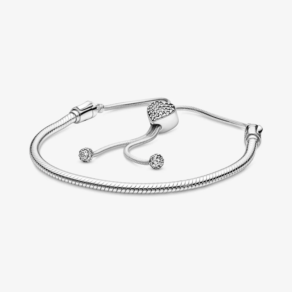

Real 925 Sterling Silver Moments Pave Heart Clasp Snake Chain Slider Bracelet Fit Charm Bracelet Adjustable Bracelet DIY Jewelry
