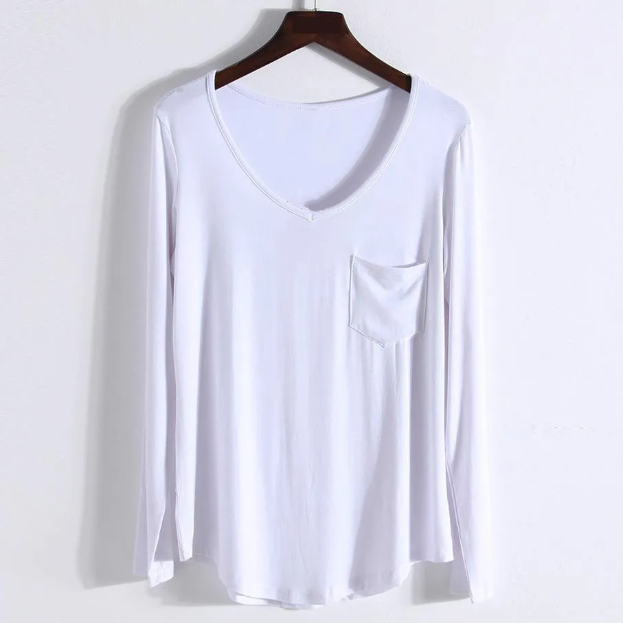 Модальный длинный рукав v образный вырез 4 цвета футболки весна лето Новое