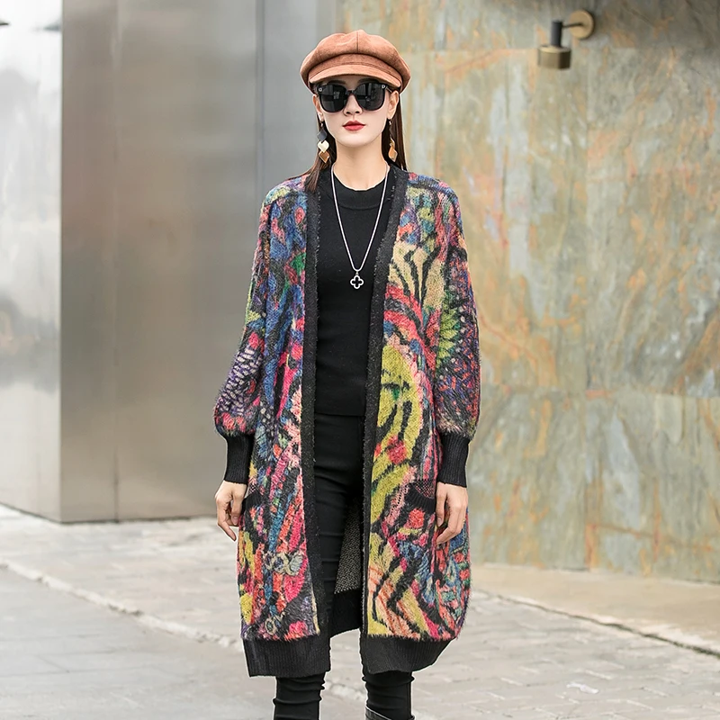 

Кардиган средней длины, Вязаная Шаль, женский осенне-зимний свободный свитер большого размера из норки с длинными рукавами и принтом, 2021