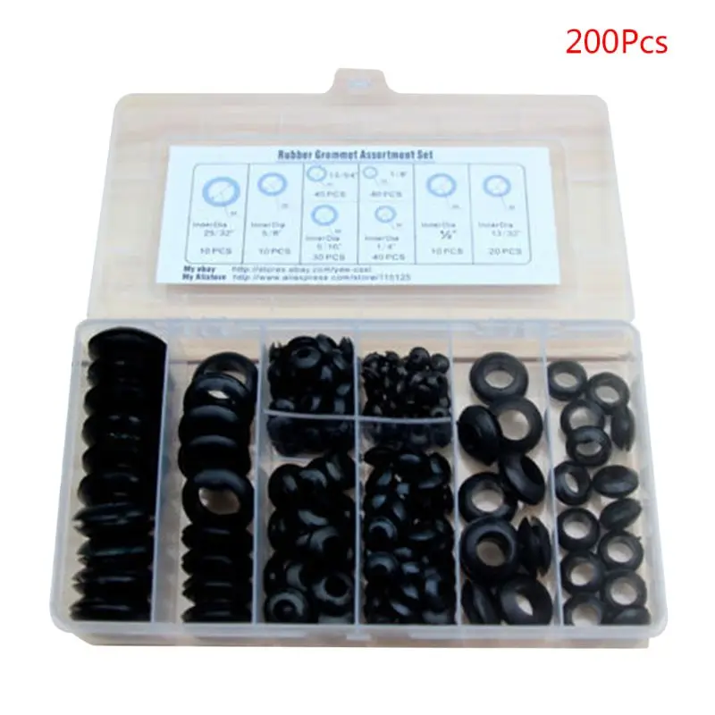 

200Pcs/box Rubber Grommet Gasket Kits for Wire Cable Black Assortment Set