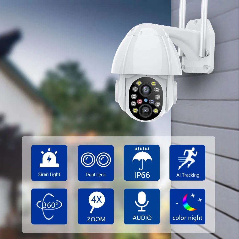 wifi ip camera outdoor video surveillance external protection recorder ptz dual lens 2 8mm 12mm 4x zoom color night free global shipping