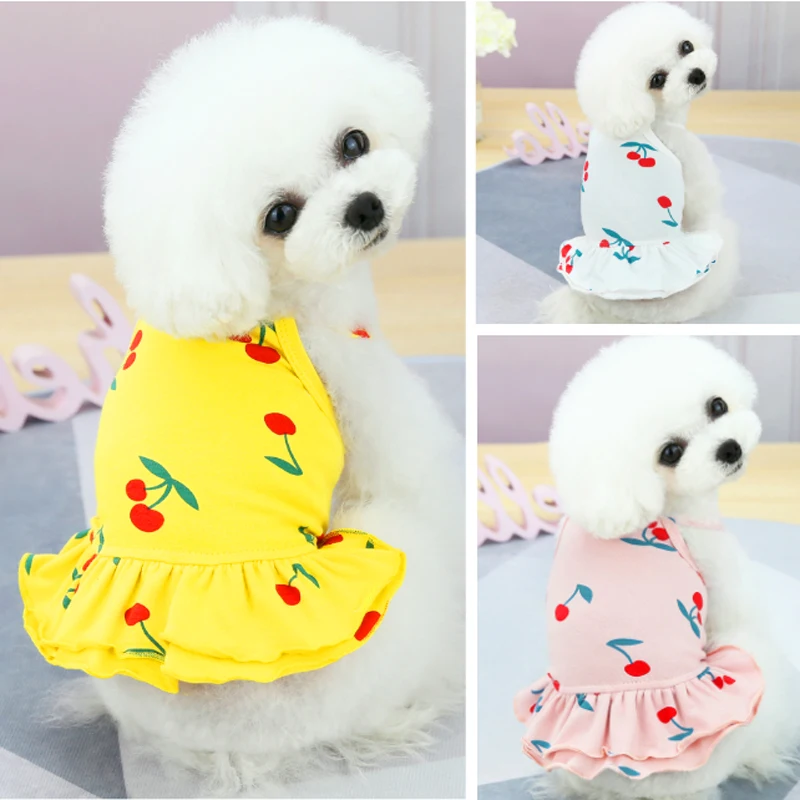

Summer New Puppy Dog Princess Sling Dress Soft 100%Cotton Cherry Print Pet Clothes For Small Medium Dog Outerwear Vest Yorkshire