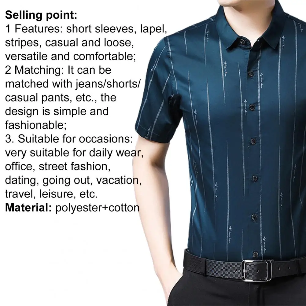 

Men Social Shirt Stripe Buttons Summer Turndown Collar Thin T-Shirt for Dating Men Social Shirt