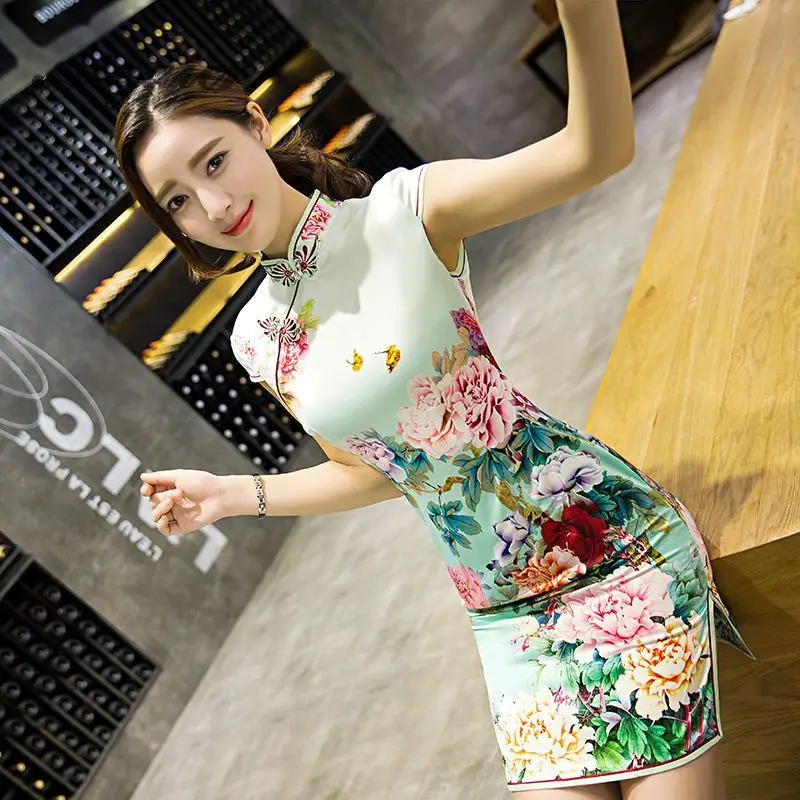 

Traditional Daily Modern Cheongsam Chinese Dress Short Sleeve Wedding Qipao Mini Robe Chinoise Vestido Oriental Dresses Qi Pao