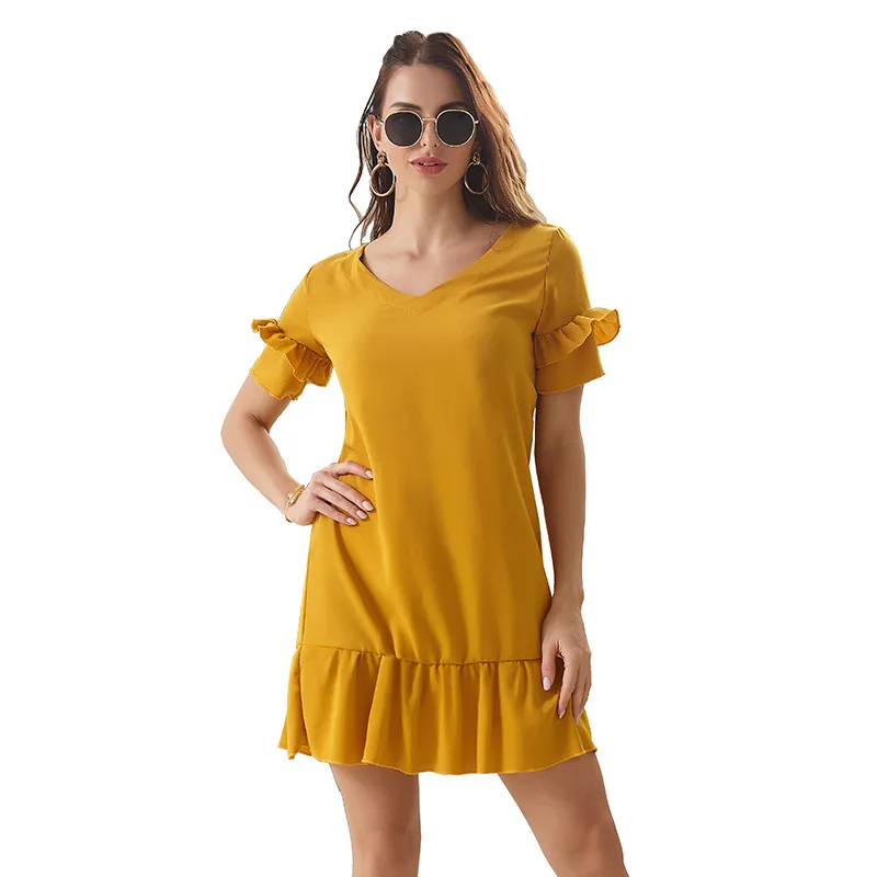 

Fashion Women Casual O Neck Ruffle Sleeve Straight Dress Solid Beach Style Mini Dress Women