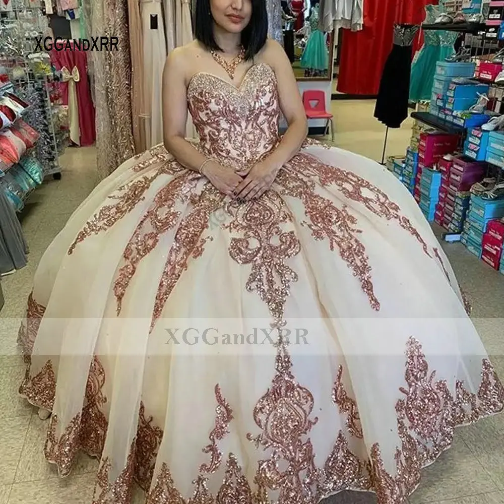 

К требованиям заказчика; Сверкающие; 2021 розовое золото Милая Сладкий 16 Бальные платья Элегантное платье с открытыми плечами бисером апплик...