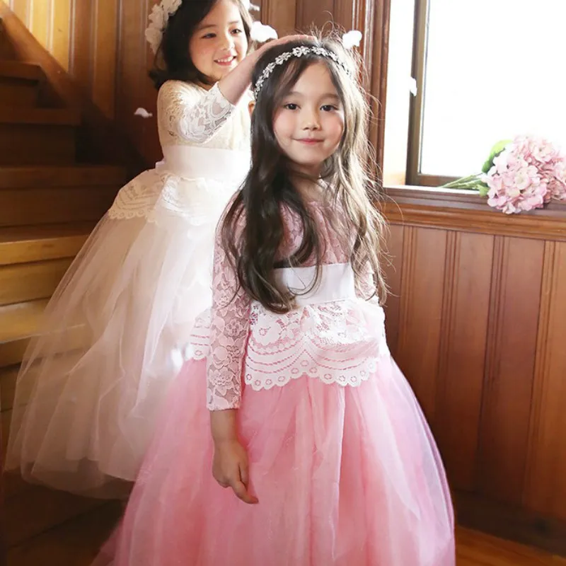 Высококачественное кружевное платье для девочек детское платье с длинными рукавами и поясом, От 2 до 13 лет Бальные вечерние платья принцессы для маленьких девочек, CA496