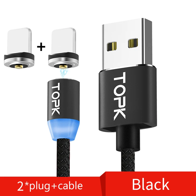2 Plug 1 Cable Black TOPK 1 м светодиодный магнитный кабель для iPhone Xs Max Xr 8 7 6 магнитная зарядка usb type C кабель и Micro USB кабель для samsung Xiaomi huawei USB C - Цвет: 2 Plug 1 Cable Black