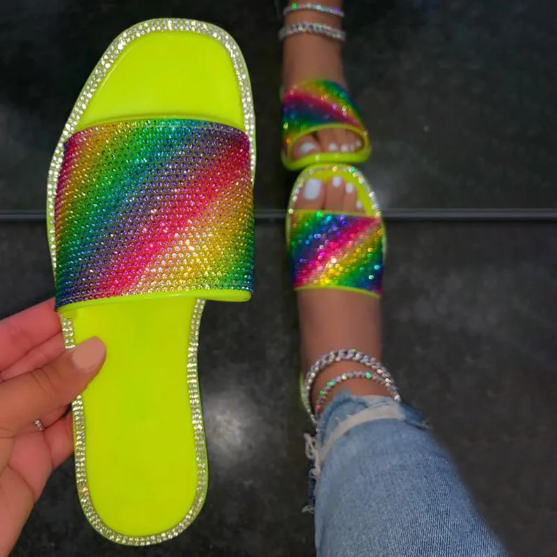 

Beach PU Slides Female Footwear Brand Women Slippers Summer Sandals Rhinestone Ladies Colorful Shoes Plus Size Woman Flip Flops