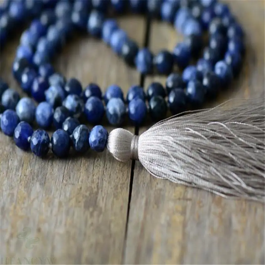 8мм Содалитовые Каменные 108 Бусины Будда С Бахромой Ожерелье МАНАС Благословение Удача Унисекс Ручная работа Молитва Исцеление Запястье Натуральное