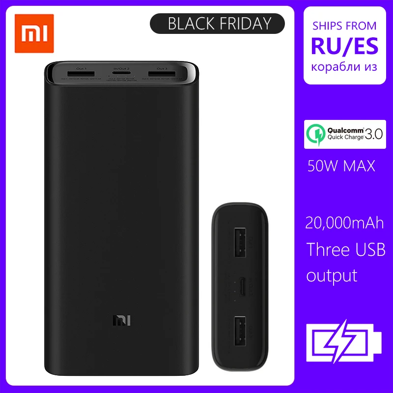 Xiaomi mi внешний аккумулятор, 3 порта 20000 мА/ч, быстрое зарядное устройство, внешний аккумулятор Xiao mi, 20000 мА/ч, внешний аккумулятор