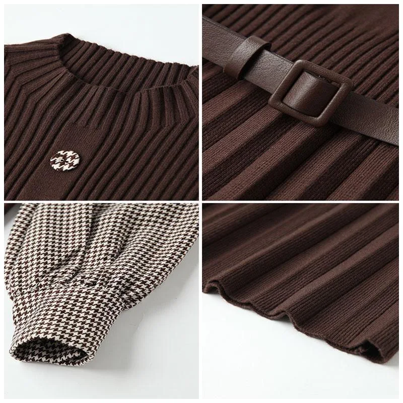 

OL turtleneck slim splice long Sweater dress women knit spring Autumn A-line dresses female casual sweater dress with belt