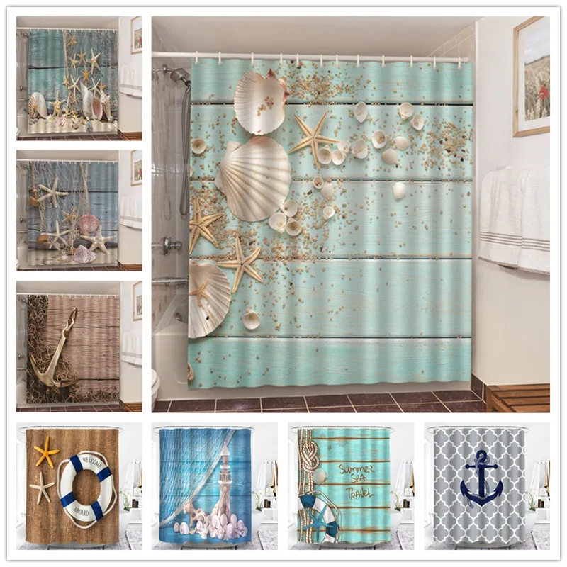 

Home Decorative Shower Curtains Retro Deck Ship's Anchor Waterproof Fabric Starfish Seashell Printed Bath Curtain Set With Hooks