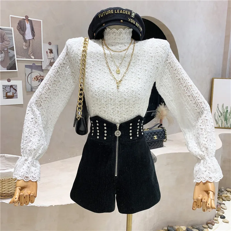

New Women's Clothing 2021 Autumn Winter Half high collar with bottomed blouse, feminine lace shirt Top