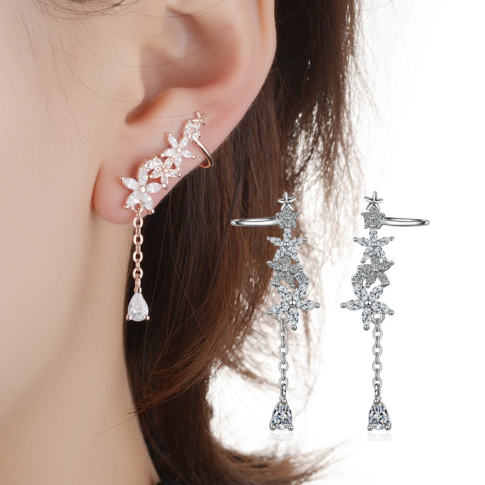 

925 Stamp Silver Shiny AAA Zircon Ice Leaves Flower Water Drop Tassel Earrings Color Ear Hook oorbellen S-E552