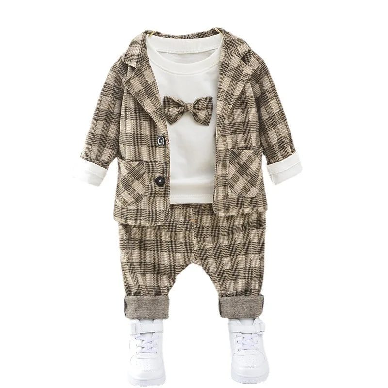 

Fashion Spring Autumn Baby Boys Clothes Children Casual Plaid Coat T-Shirt Pants 3Pcs/sets Toddler Clothing Kids Gentleman Suit