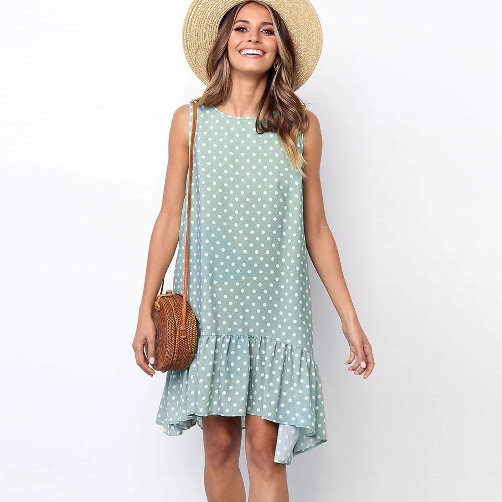 

Plus Size Ruffled Vestidos Vintage Women Summer Dress 2020 Loose Mini Casual Dresses Female Sleeveless Blue Polka Dot Dress Dots