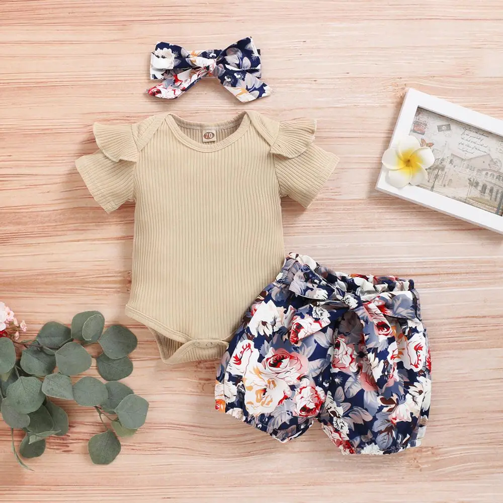 

Newborn Baby Girls Clothes Summer Toddler Infant Short Sleeve Ruffles Romper+Bow Floral Print Shorts Headband Outfits Set