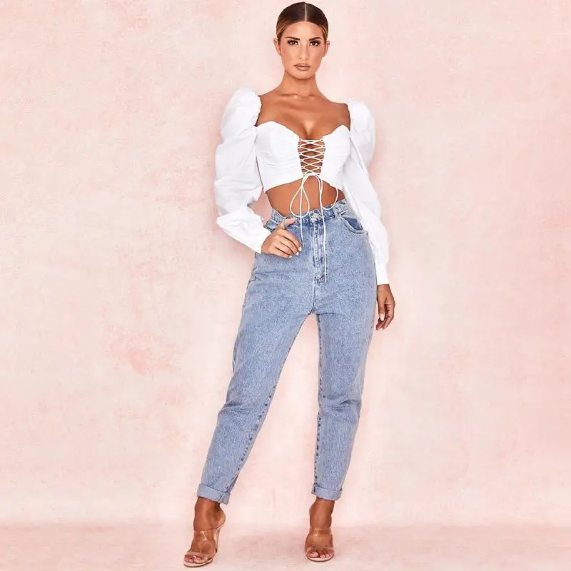 Женская Весенняя футболка с длинным рукавом квадратный воротник пышные рукава