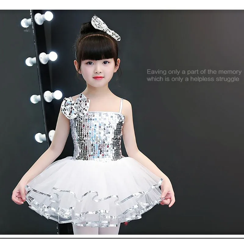 

Girls Jazz Modern Dancing Costumes White Yellow Pink Sequins Top Girls Dance Kids Ballerina Dress Silver Dance Wear Child