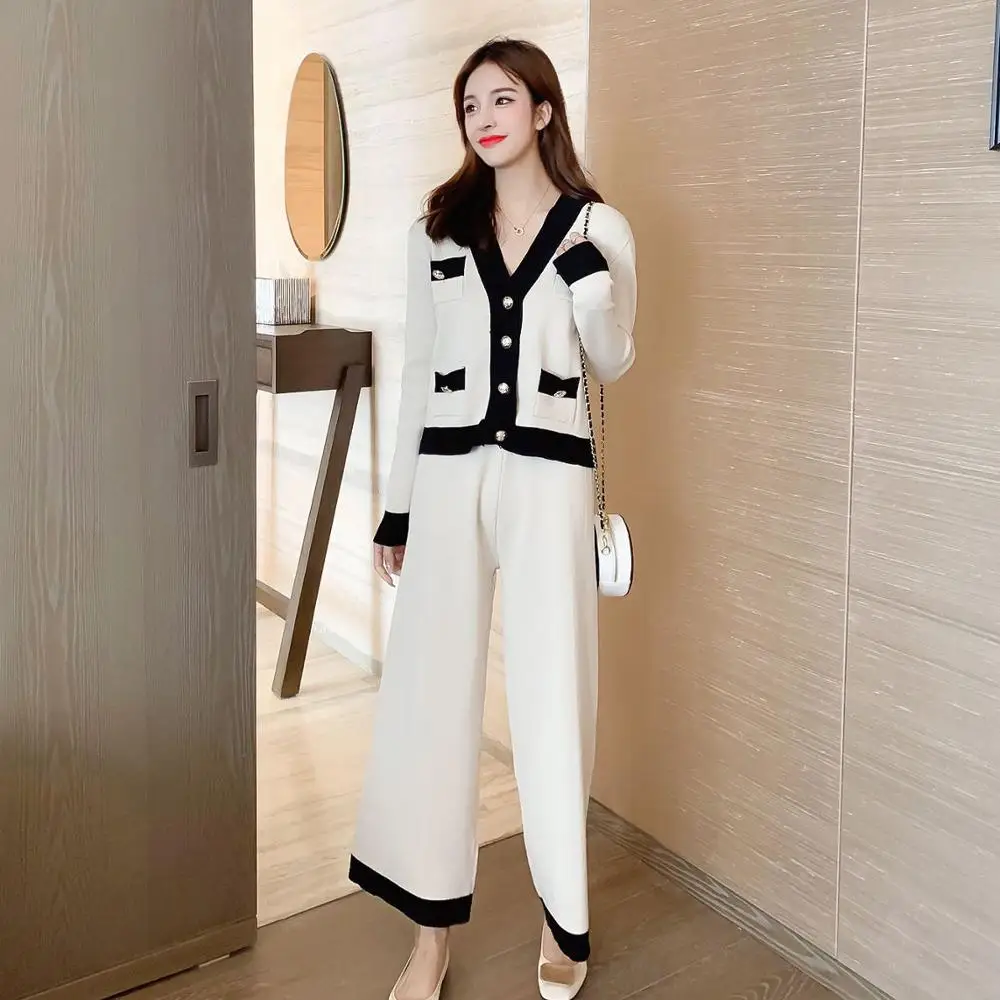 Women Autumn Cardigans Pants Suit Knitted Long Sleeve Sexy V-neck Single Breasted Sweater And Trousers Elegant Korean Office Set |