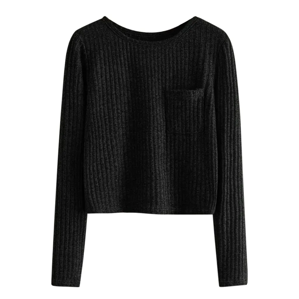 

Long Sleeve O-Neck Crop Top Solid Pullovers Outdoor Sportswear Casual Daily Wear Pockets Pullover Tops sudaderas para mujer