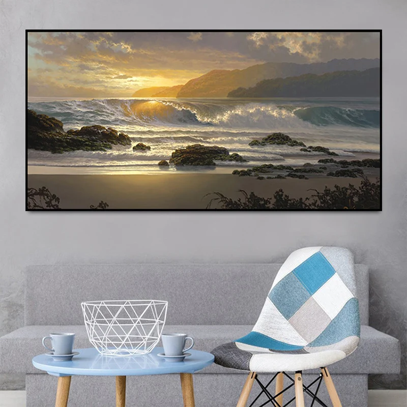 

Sunset Beach Landscape Wall Art Canvas Scandinavian Posters and Prints Sea Wave Seascape Modern Wall Picture for Living Room