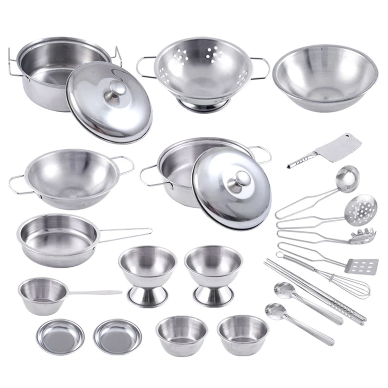 

25Pcs Stainless Steel Cooking Playset Kids House Kitchen Toys Children Pretend Play Cookware J60B