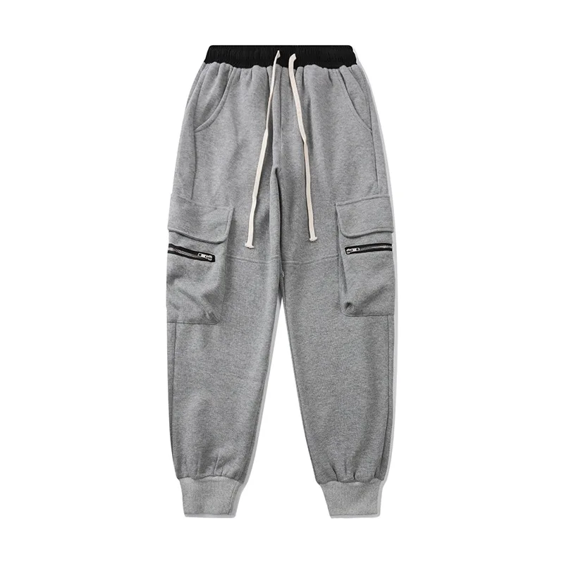 

High Street Multi-pockets Drawstring Sweatpants Men's Youth Sports Casual Loose Cotton Trousers Hip Hop Pure Color Jogger Pants