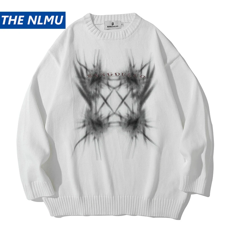 

Men Harajuku Sweater Hip Hop Streetwear Creative Print Knitted Jumper Sweater 2021 Cotton Pullover Loose Knitwear White WE159