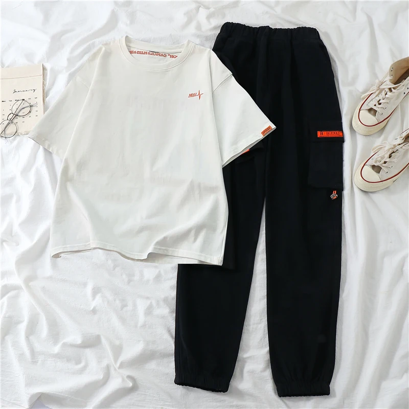 

2021 Summer Women Loose T Shirt & Cargo Pants Tracksuit 2 Pieces Set Trousers Suit Sport Outfit Jogger Clothing BF Style #TZ19