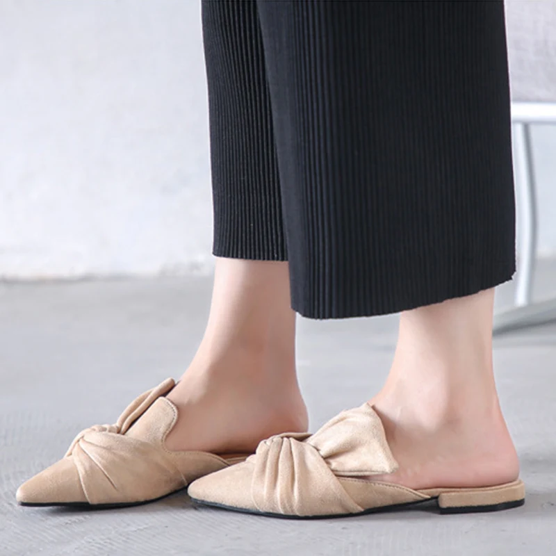 

Dropshipping Women Slippers Flock Bowtie Female Mules Fashion Low Heels Shoes Pointed Toe Ladies Plus Size Elegant Woman Slipper