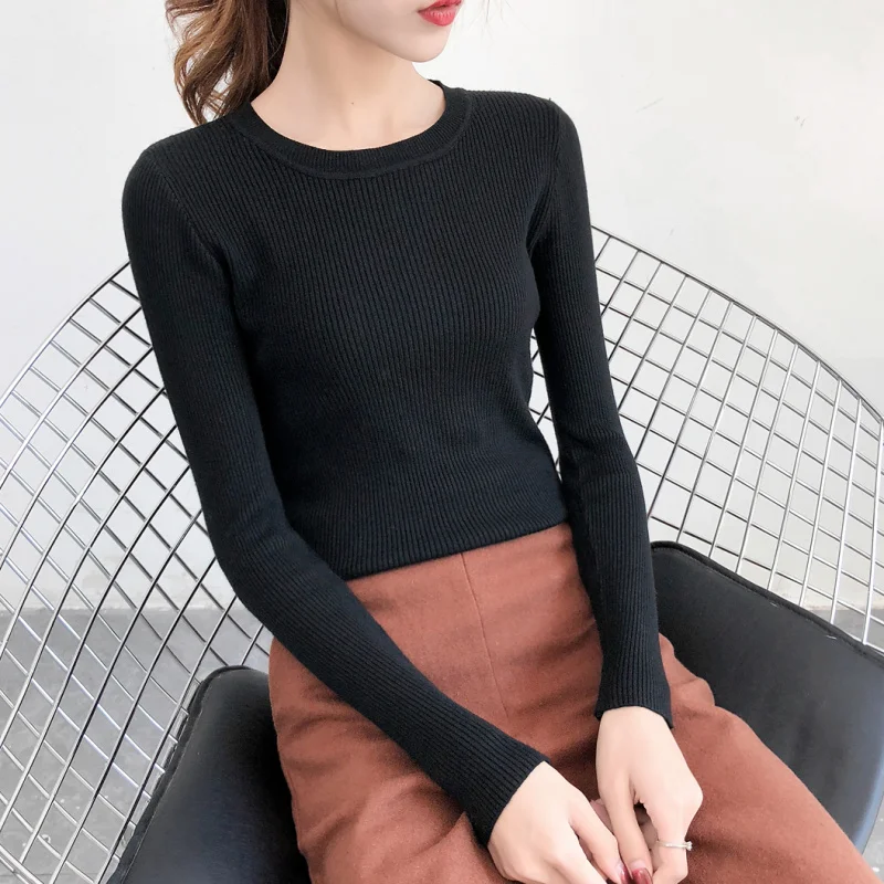 Осенне-зимние женские свитера с длинным рукавом однотонные пуловеры круглым