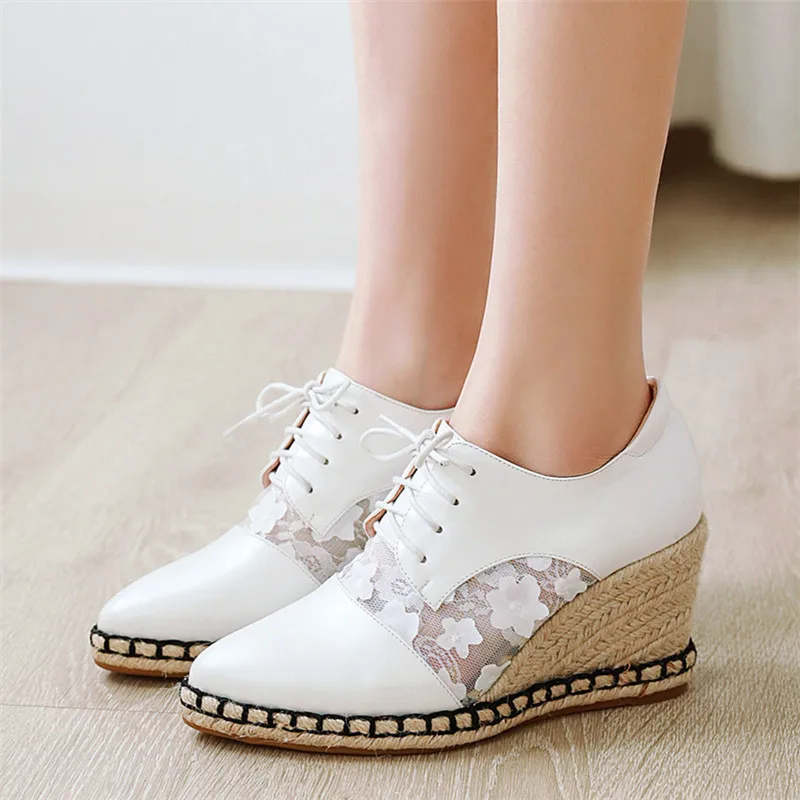 

AGODOR white wedges shoes for women platform high heels pointed toe lace up pumps fashion designer female shoes