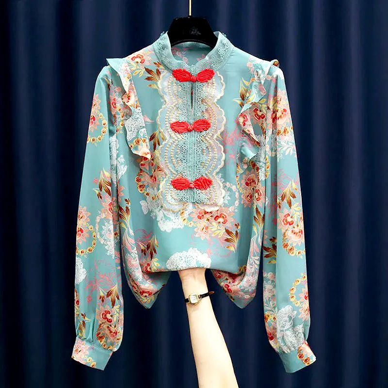 

Vintage Chinese Style Women's Blouses Mandarin Collar Long Sleeve Blouse And Shirt Women Tops Chic Ruffles Ladies Shirts LS024