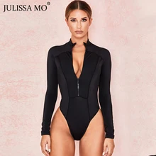 Julissa mo, черный облегающий боди с длинным рукавом, женские топы, модные базовые облегающие Комбинезоны на молнии,, Женский Повседневный эластичный комбинезон