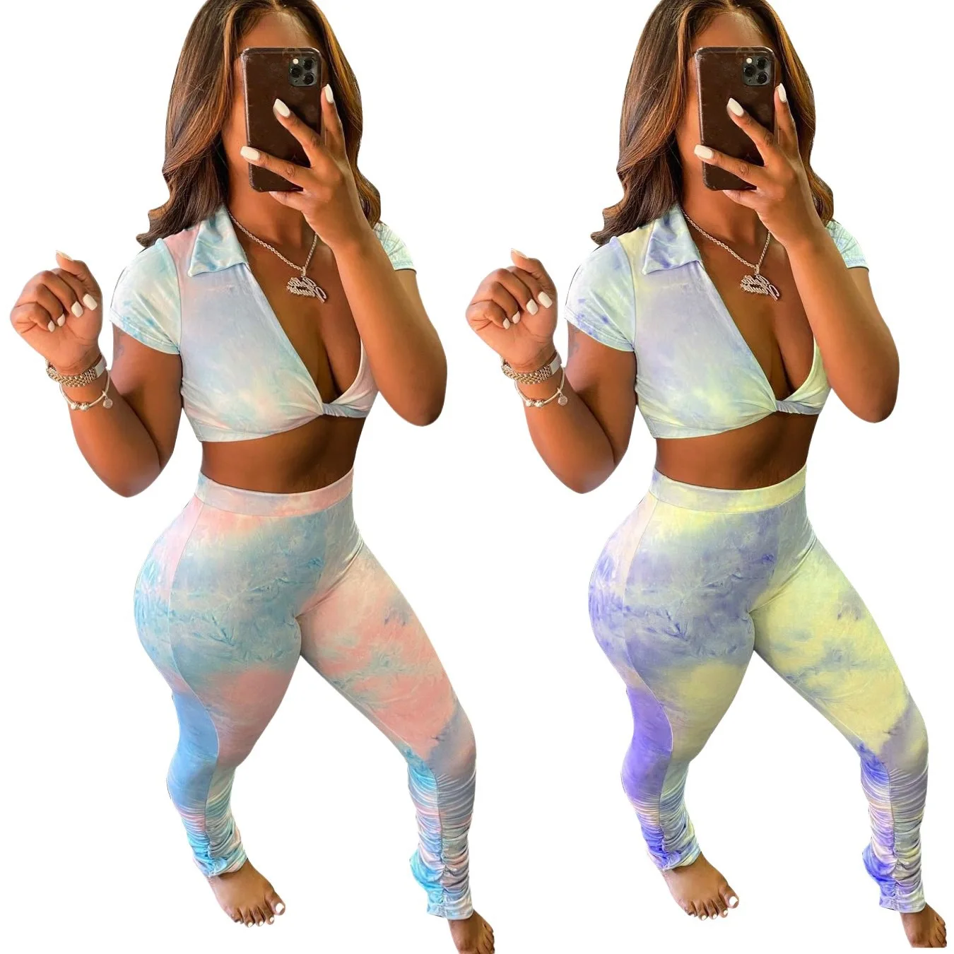 

Women Two Piec Set Tie Dye Print Set Summer Casual Sportswear Twist V Neck Crop Top + Stacked Pants Sexy Outfit Jogging Femme