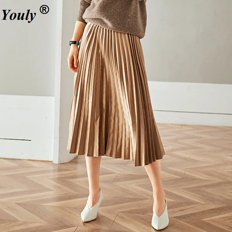 Autumn Spring 2021 Women Casual Loose Maxi Pleated Skirt Midi Skirt High Waist Elascity Sweet Party Skirt Vintage Elegant Dress