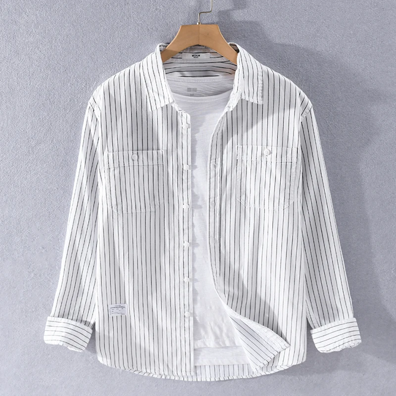 

New style long-sleeved striped shirt for men Japanese trendy simple shirts men cotton handsome shirt mens chemise camisa