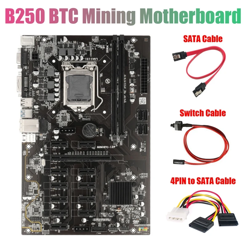 

B250 BTC Miner Motherboard with 4PIN To SATA Cable+Switch Cable+SATA Cable 12XGraphics Card Slot LGA 1151 DDR4 USB3.0