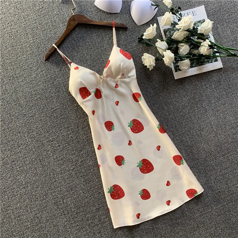 

Pijamas Women's Imitation Silk Sexy Sling Nightgown With Chest Pad Sweet Strawberry pijamas women sleepwear