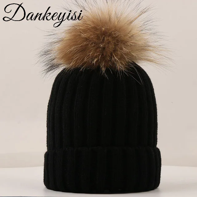 

DANKEYISI Mink Fur Ball Cap Fur Pom Poms Skullies Beanies Winter Hat For Women Girl 's Hat Knitted Beanies Cap Thick Female Cap