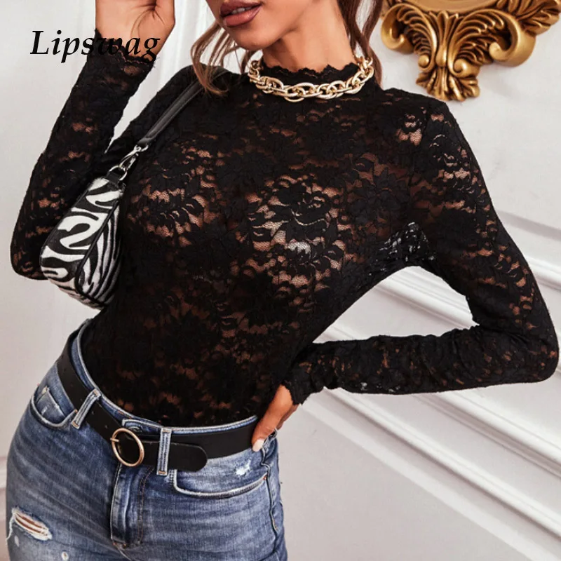 

Elegant Sexy See-Through Lace Hollow Out Shirt Spring Long Sleeve Women Tops Blusas Office Lady Slim Turtleneck Blouse Pullover