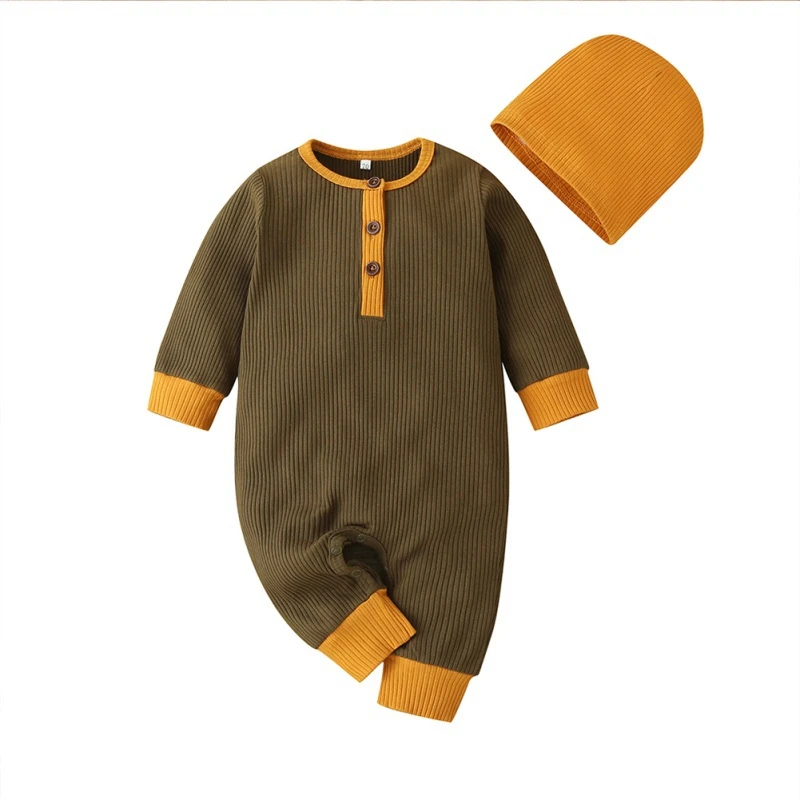 

Baby Solid Print Long Sleeve Romper With Hat Outfit Baby Bodysuit Print Rompers Boy Autumn Newborn Baby Boys Bodysuit