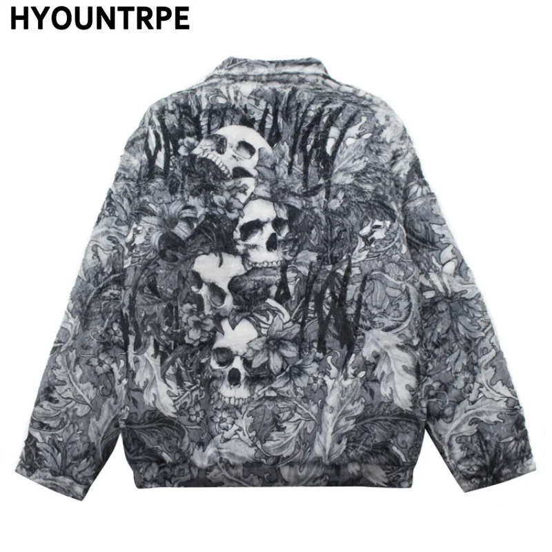 Men Hip Hop Skulls Harajuku Printed Fleece Jackets Coat Hairy Buttons Loose Outerwears Warm Stand Collar Thick Streetwear Parkas