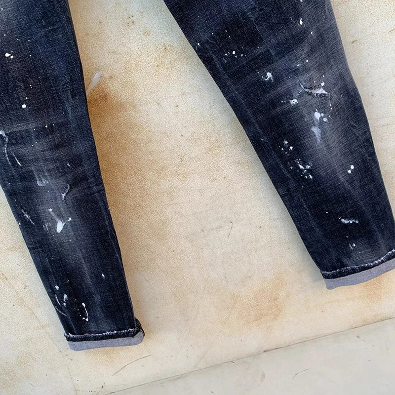 

Italian original DSQ star d2 four seasons denim men's perforated paint jeans slim blue elastic straight leg pants high quality