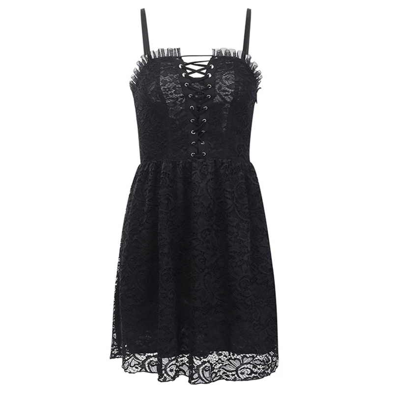 

Women Gothic Sexy Spaghetti Strap Black Ruffles Floral Lace Swing Mini Dress Crisscross Bandage High Waist Streetwear