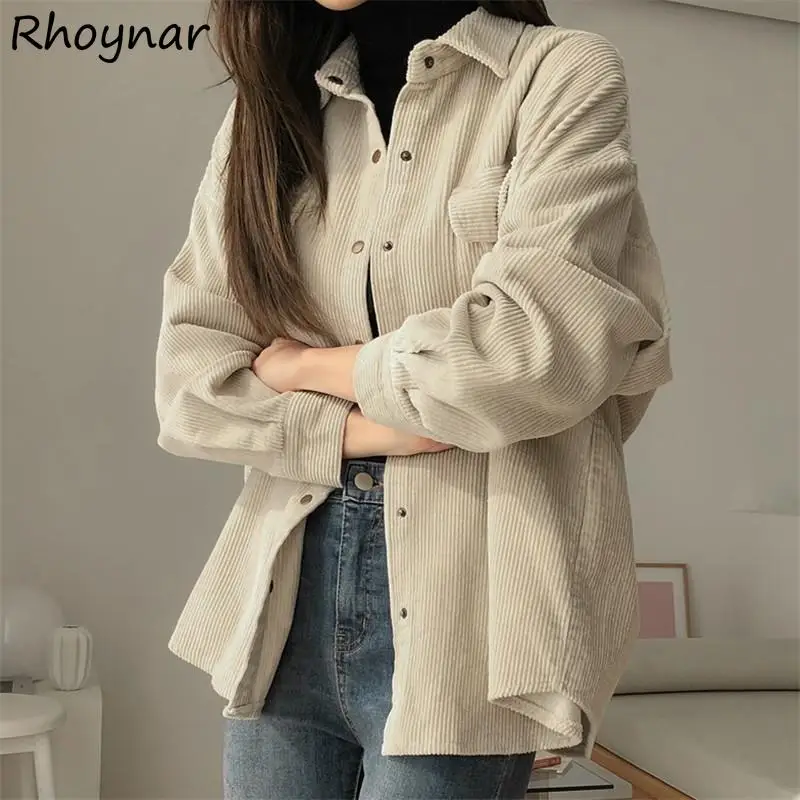 

Shirts Women Corduroy Spring Autumn Retro Long Sleeve Loose All-match Young Casual Fashion Ulzzang Preppy Design Cozy Street Ins