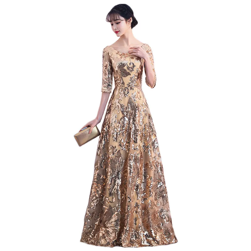 Женское вечернее платье макси в пол с золотыми блестками зимнее Бандажное